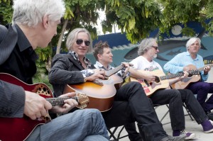 Bill Rieflin, Peter Buck, Steve Wynn, Scott McCaughey and Robyn Hitchcock at the Palapa Society of Todos Sanos, Baja, Mexico