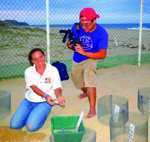 Reading Rainbow producer Kyle Rohrbach filming biologist Stephanie Rousso, Baja, Mexico, Sea Turtles
