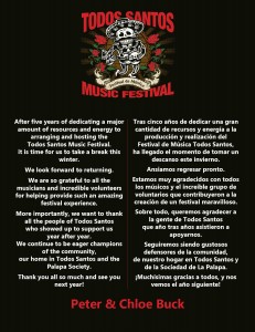 Todos Santos Music Festival message from Peter and Chloe Buck